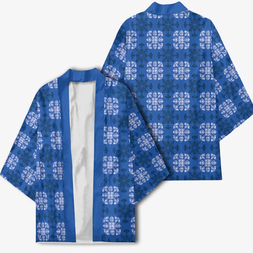 Royal Blue Hawaiian Quilt Kimono Hawaii Pineapple Monstera Palaka Motifs LT14 - Polynesian Pride
