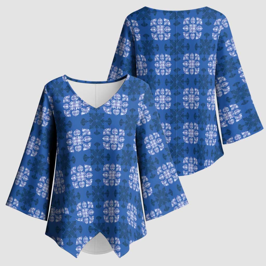 Royal Blue Hawaiian Quilt Kimono Sleeve Blouse Hawaii Pineapple Monstera Palaka Motifs - Polynesian Pride
