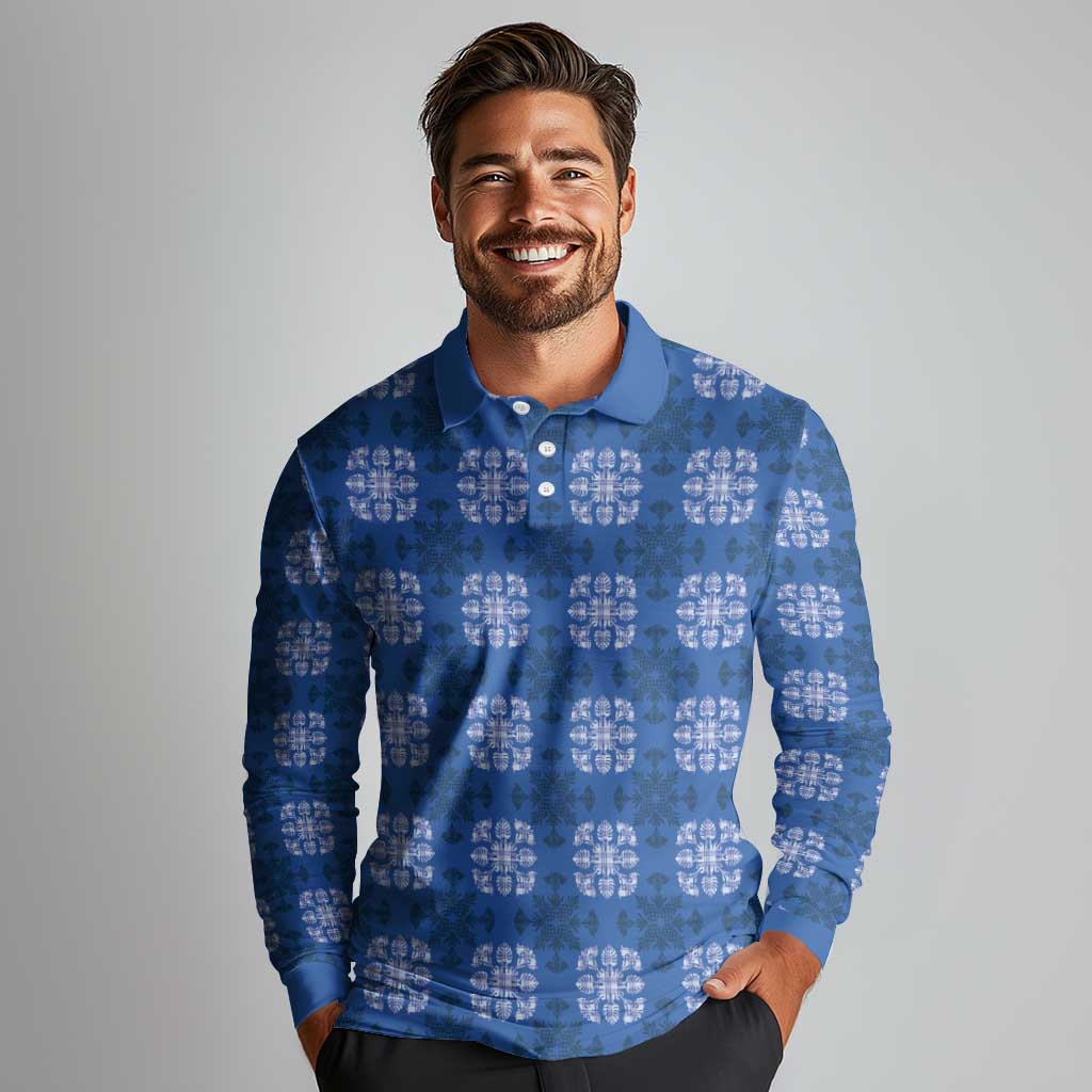 Royal Blue Hawaiian Quilt Long Sleeve Polo Shirt Hawaii Pineapple Monstera Palaka Motifs - Polynesian Pride