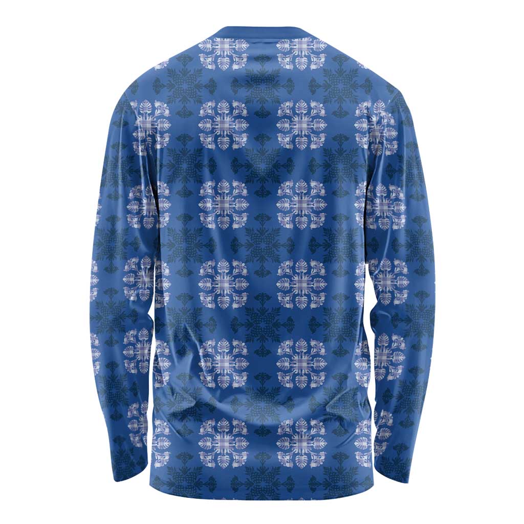 Royal Blue Hawaiian Quilt Long Sleeve Shirt Hawaii Pineapple Monstera Palaka Motifs - Polynesian Pride