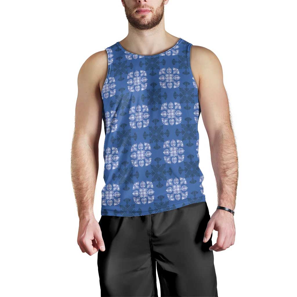 Royal Blue Hawaiian Quilt Men Tank Top Hawaii Pineapple Monstera Palaka Motifs - Polynesian Pride