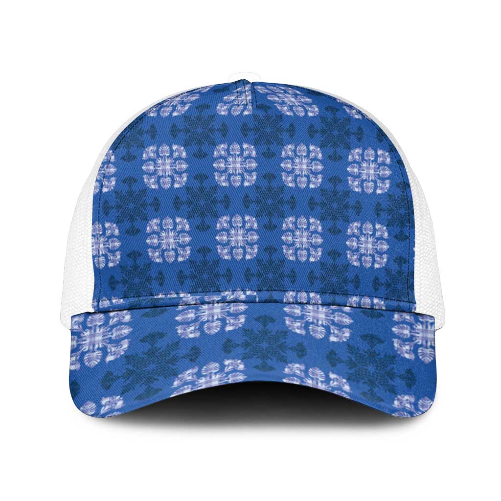 Royal Blue Hawaiian Quilt Mesh Trucker Cap Hawaii Pineapple Monstera Palaka Motifs - Polynesian Pride