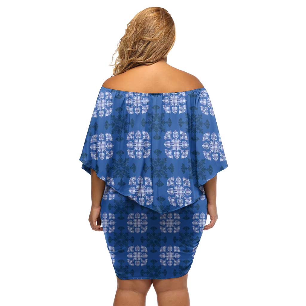 Royal Blue Hawaiian Quilt Off Shoulder Short Dress Hawaii Pineapple Monstera Palaka Motifs - Polynesian Pride