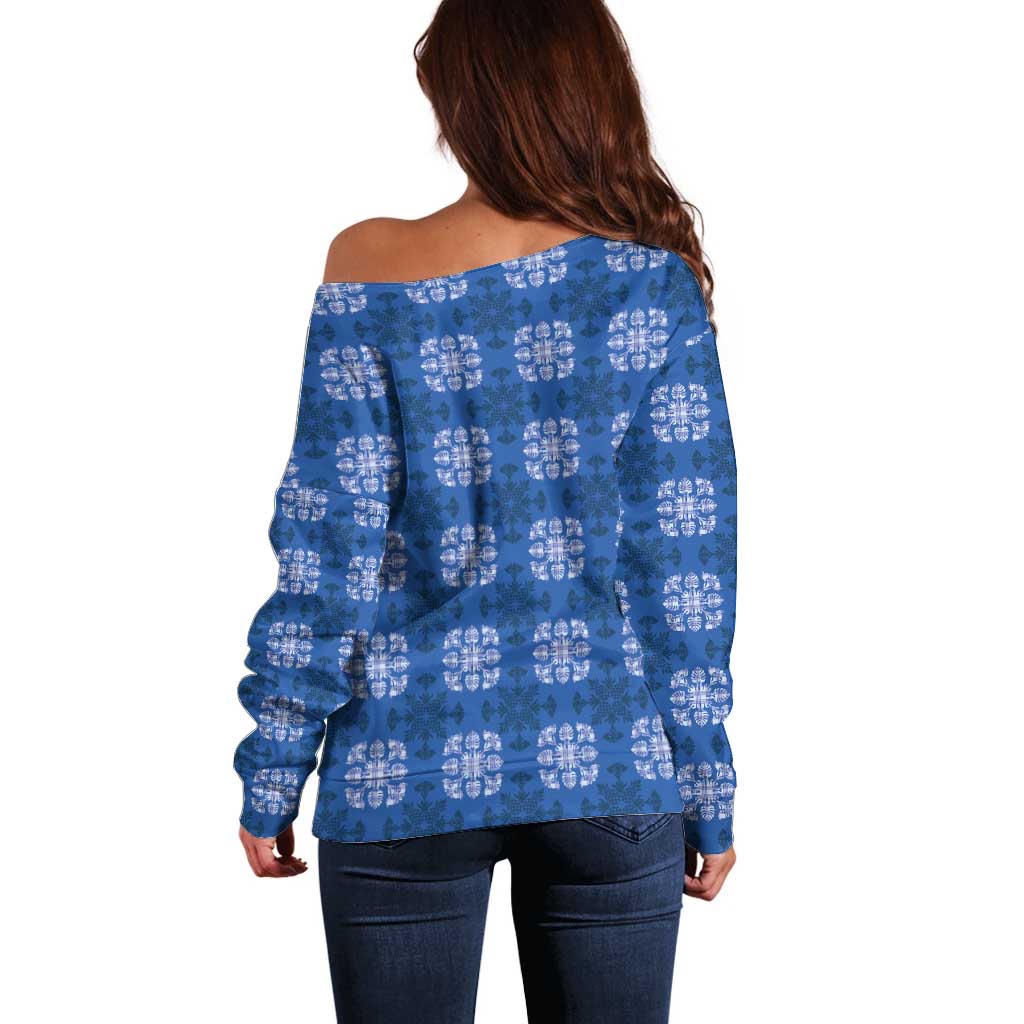 Royal Blue Hawaiian Quilt Off Shoulder Sweater Hawaii Pineapple Monstera Palaka Motifs LT14 - Polynesian Pride