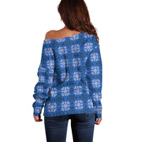 Royal Blue Hawaiian Quilt Off Shoulder Sweater Hawaii Pineapple Monstera Palaka Motifs LT14 - Polynesian Pride