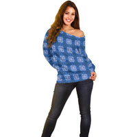 Royal Blue Hawaiian Quilt Off Shoulder Sweater Hawaii Pineapple Monstera Palaka Motifs LT14 - Polynesian Pride