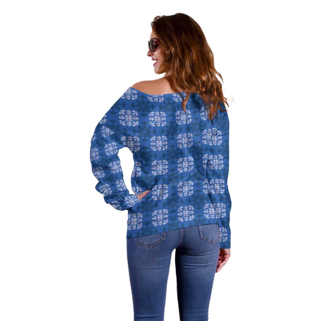 Royal Blue Hawaiian Quilt Off Shoulder Sweater Hawaii Pineapple Monstera Palaka Motifs LT14 - Polynesian Pride