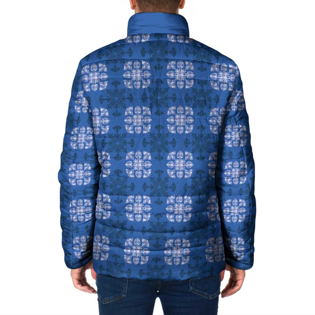 Royal Blue Hawaiian Quilt Padded Jacket Hawaii Pineapple Monstera Palaka Motifs - Polynesian Pride