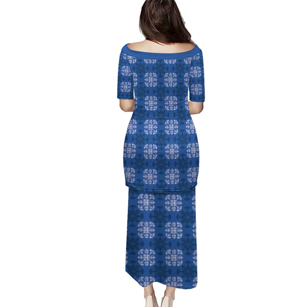 Royal Blue Hawaiian Quilt Puletasi Hawaii Pineapple Monstera Palaka Motifs - Polynesian Pride
