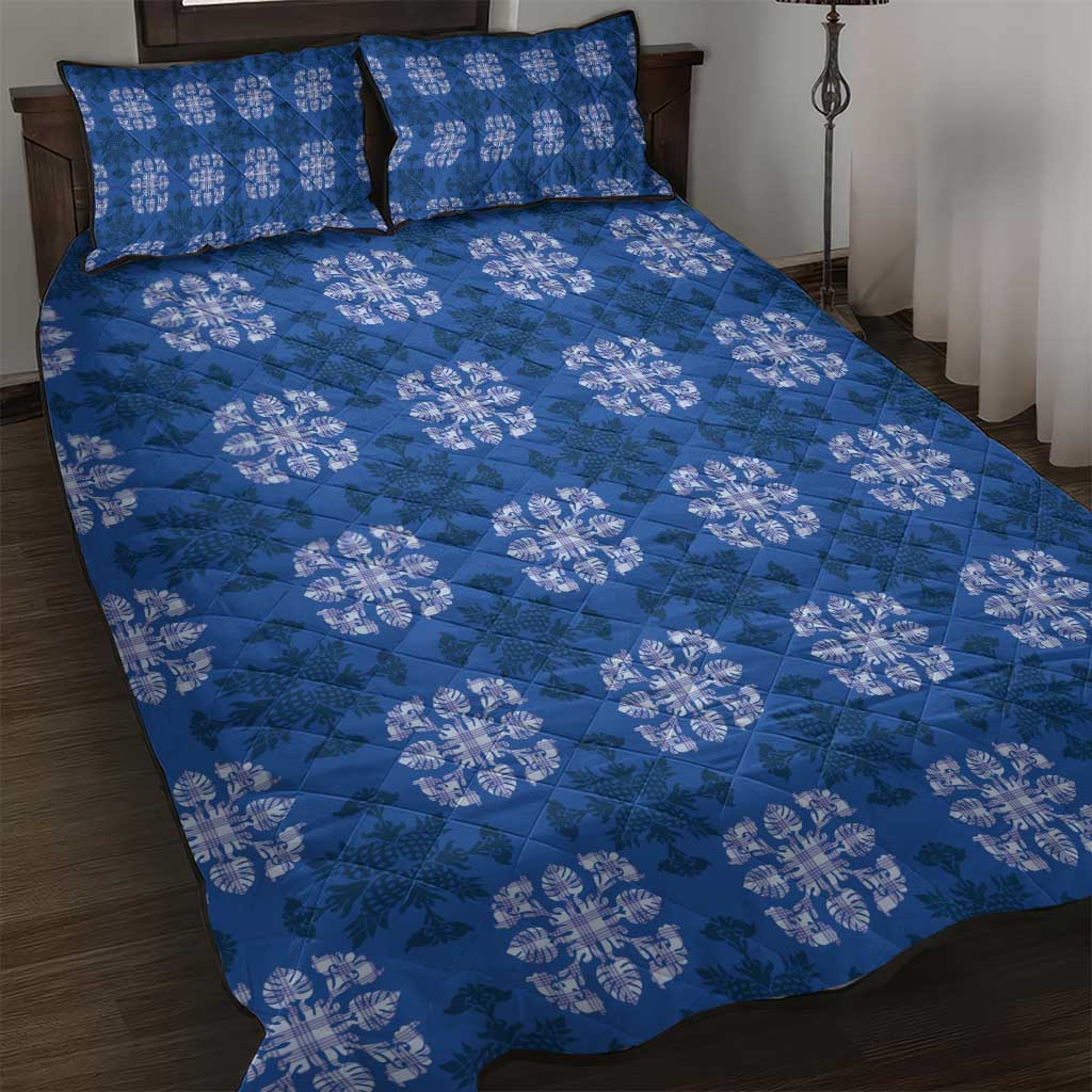 Royal Blue Hawaiian Quilt Quilt Bed Set Hawaii Pineapple Monstera Palaka Motifs - Polynesian Pride