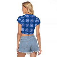 Royal Blue Hawaiian Quilt Raglan Cropped T Shirt Hawaii Pineapple Monstera Palaka Motifs - Polynesian Pride