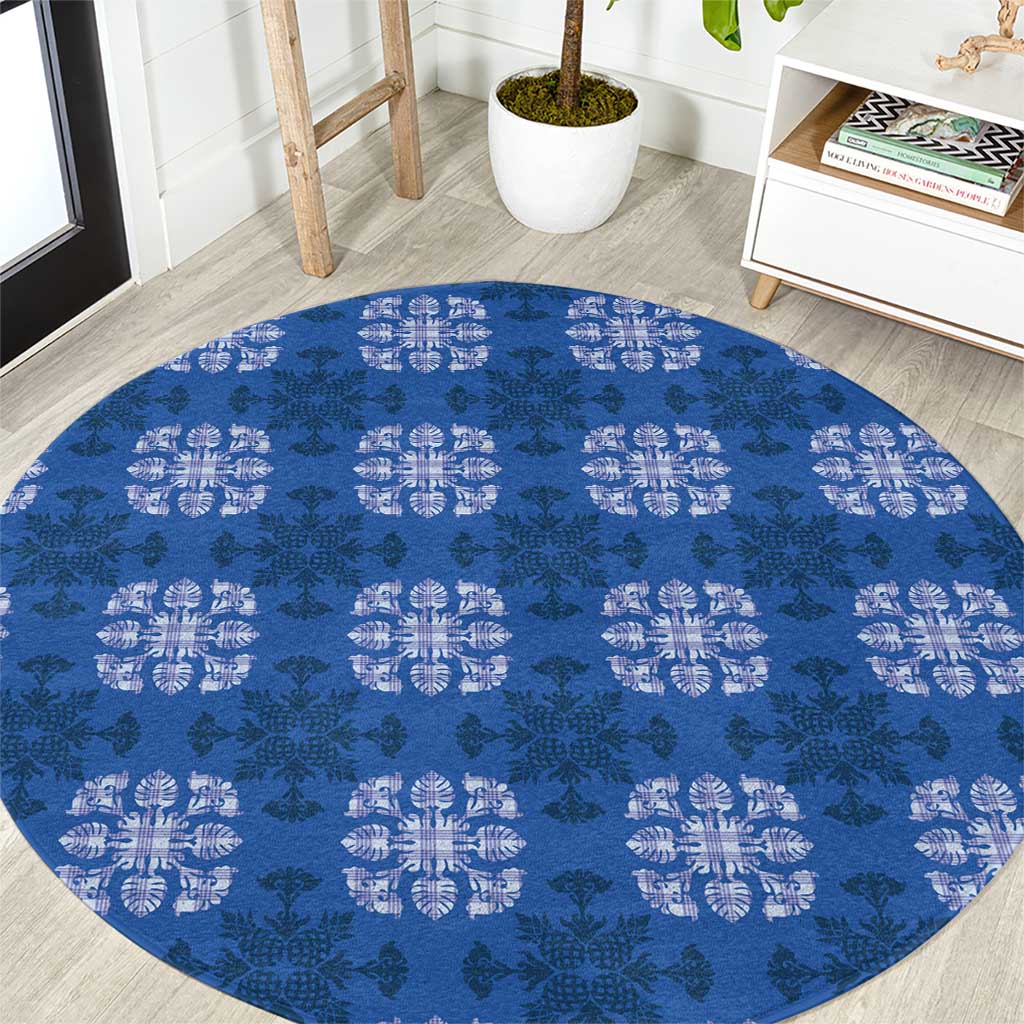 Royal Blue Hawaiian Quilt Round Carpet Hawaii Pineapple Monstera Palaka Motifs LT14 Royal Blue - Polynesian Pride