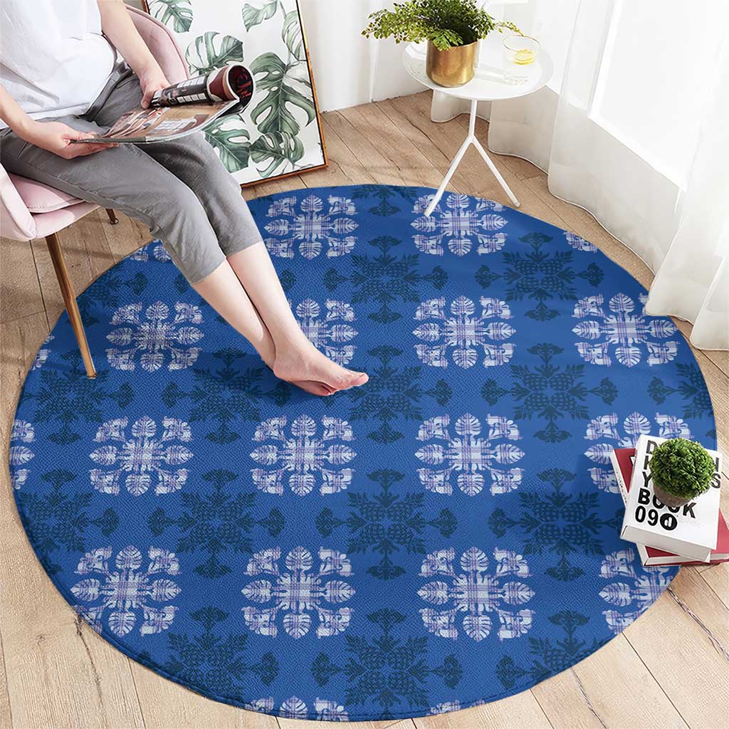 Royal Blue Hawaiian Quilt Round Carpet Hawaii Pineapple Monstera Palaka Motifs LT14 - Polynesian Pride