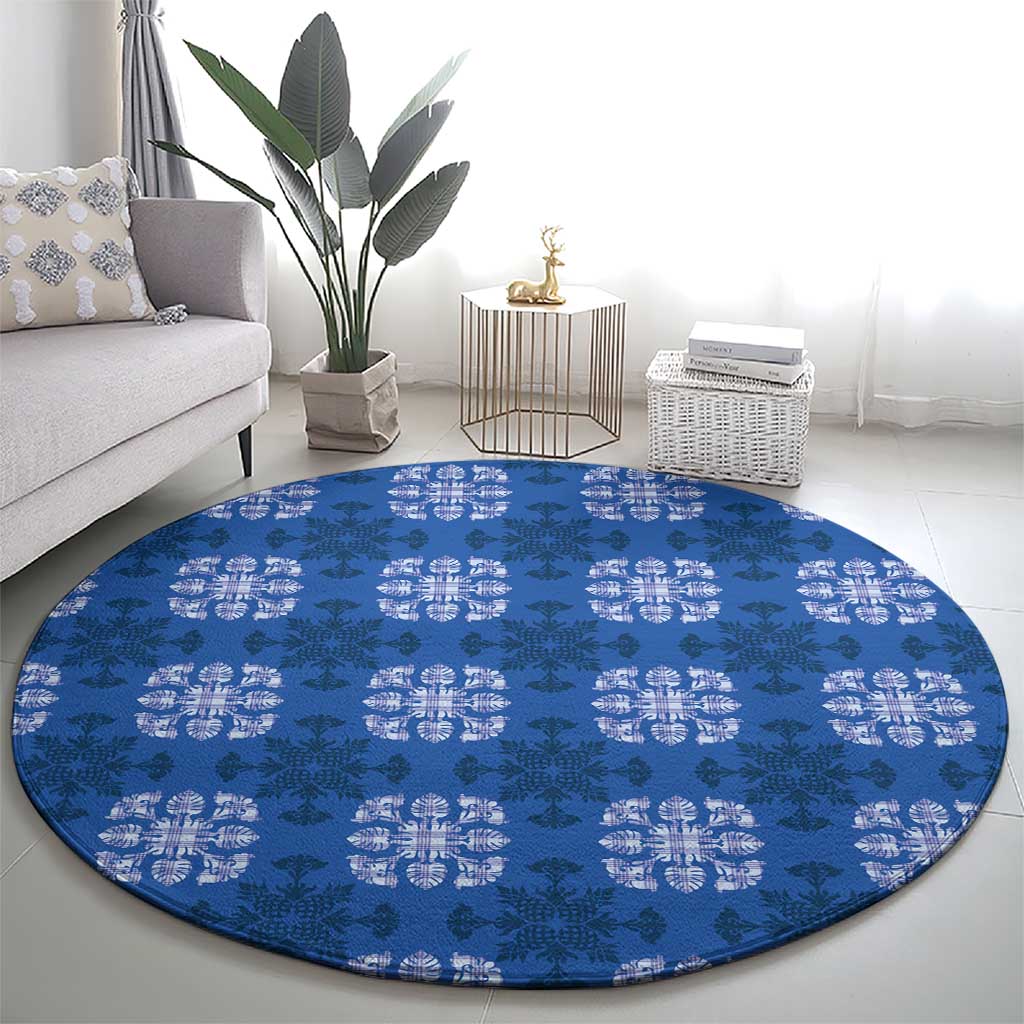 Royal Blue Hawaiian Quilt Round Carpet Hawaii Pineapple Monstera Palaka Motifs LT14 - Polynesian Pride