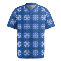 Royal Blue Hawaiian Quilt Rugby Jersey Hawaii Pineapple Monstera Palaka Motifs - Polynesian Pride