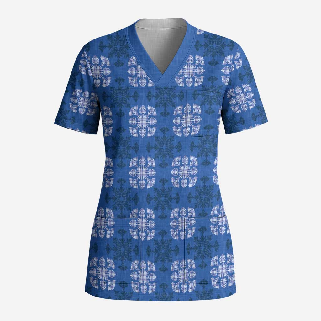 Royal Blue Hawaiian Quilt Scrub Top Hawaii Pineapple Monstera Palaka Motifs - Polynesian Pride
