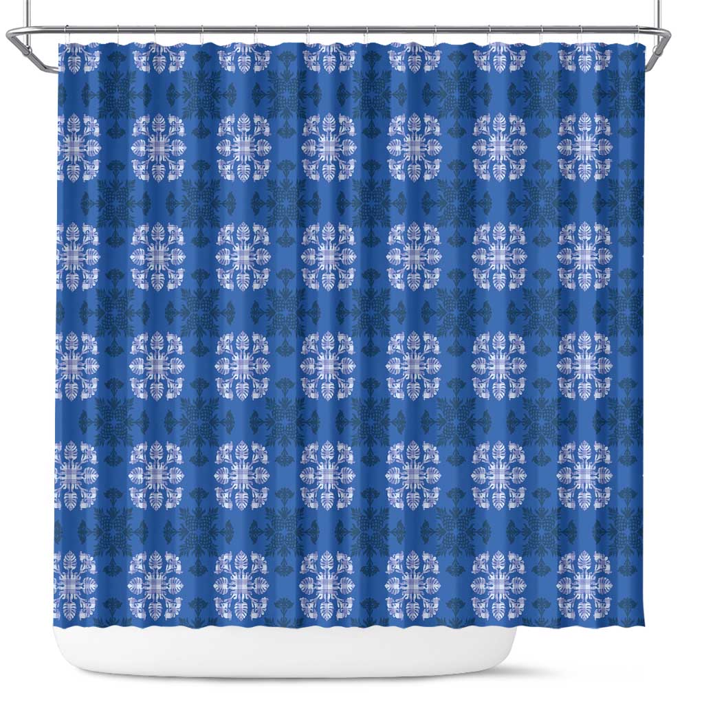 Royal Blue Hawaiian Quilt Shower Curtain Hawaii Pineapple Monstera Palaka Motifs LT14 Royal Blue - Polynesian Pride