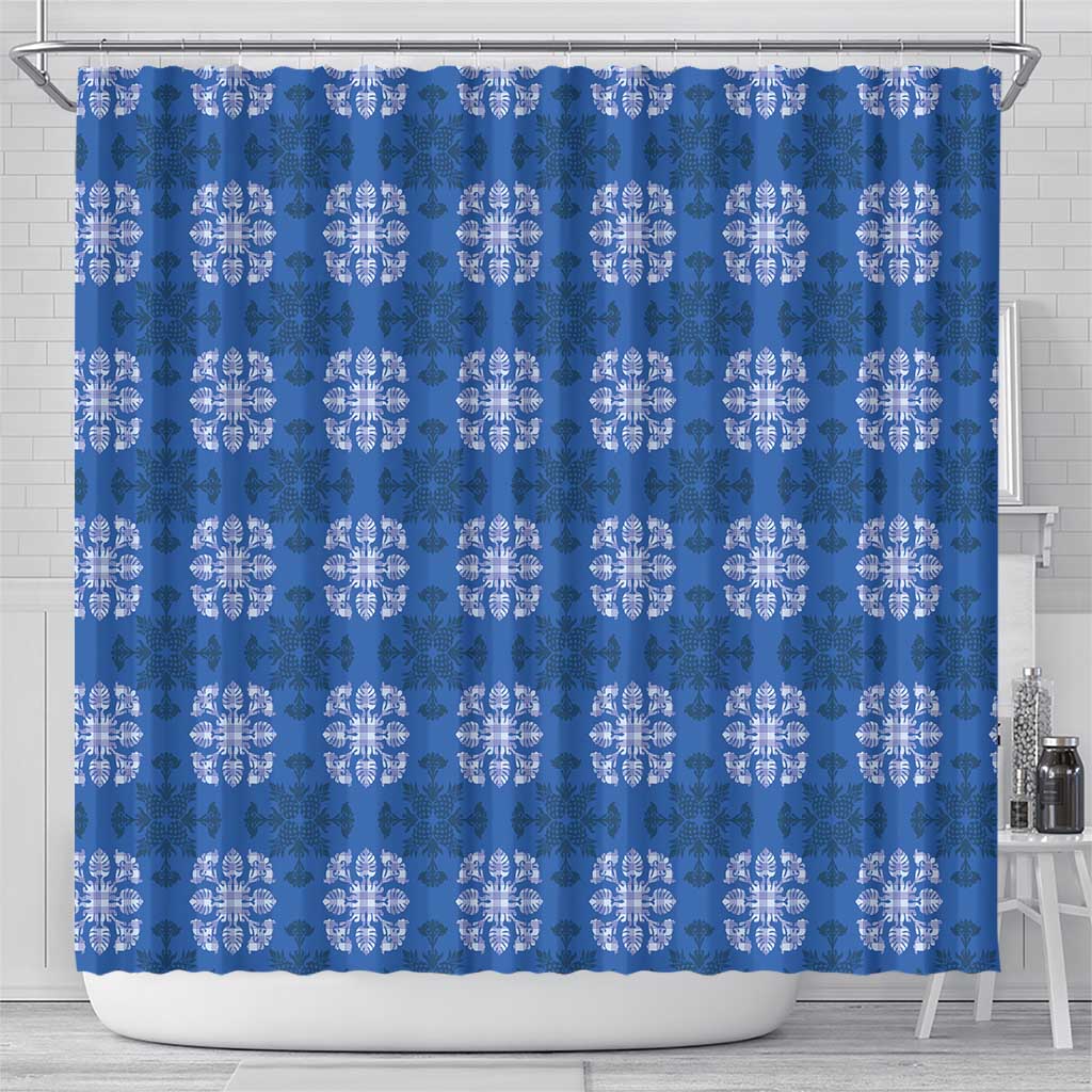 Royal Blue Hawaiian Quilt Shower Curtain Hawaii Pineapple Monstera Palaka Motifs LT14 - Polynesian Pride