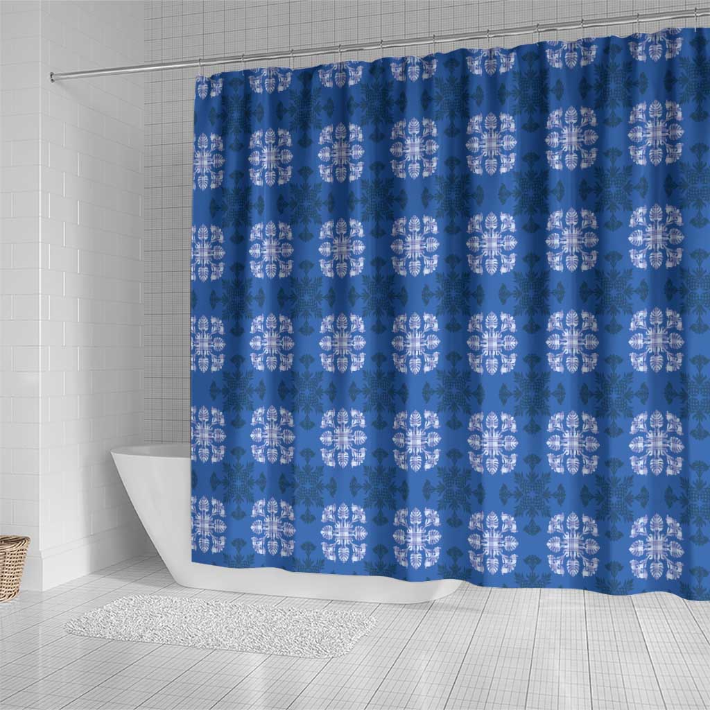 Royal Blue Hawaiian Quilt Shower Curtain Hawaii Pineapple Monstera Palaka Motifs LT14 - Polynesian Pride