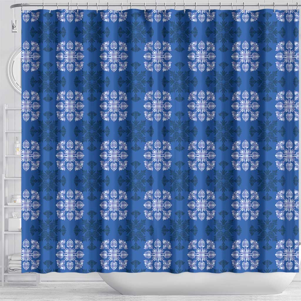 Royal Blue Hawaiian Quilt Shower Curtain Hawaii Pineapple Monstera Palaka Motifs LT14 - Polynesian Pride