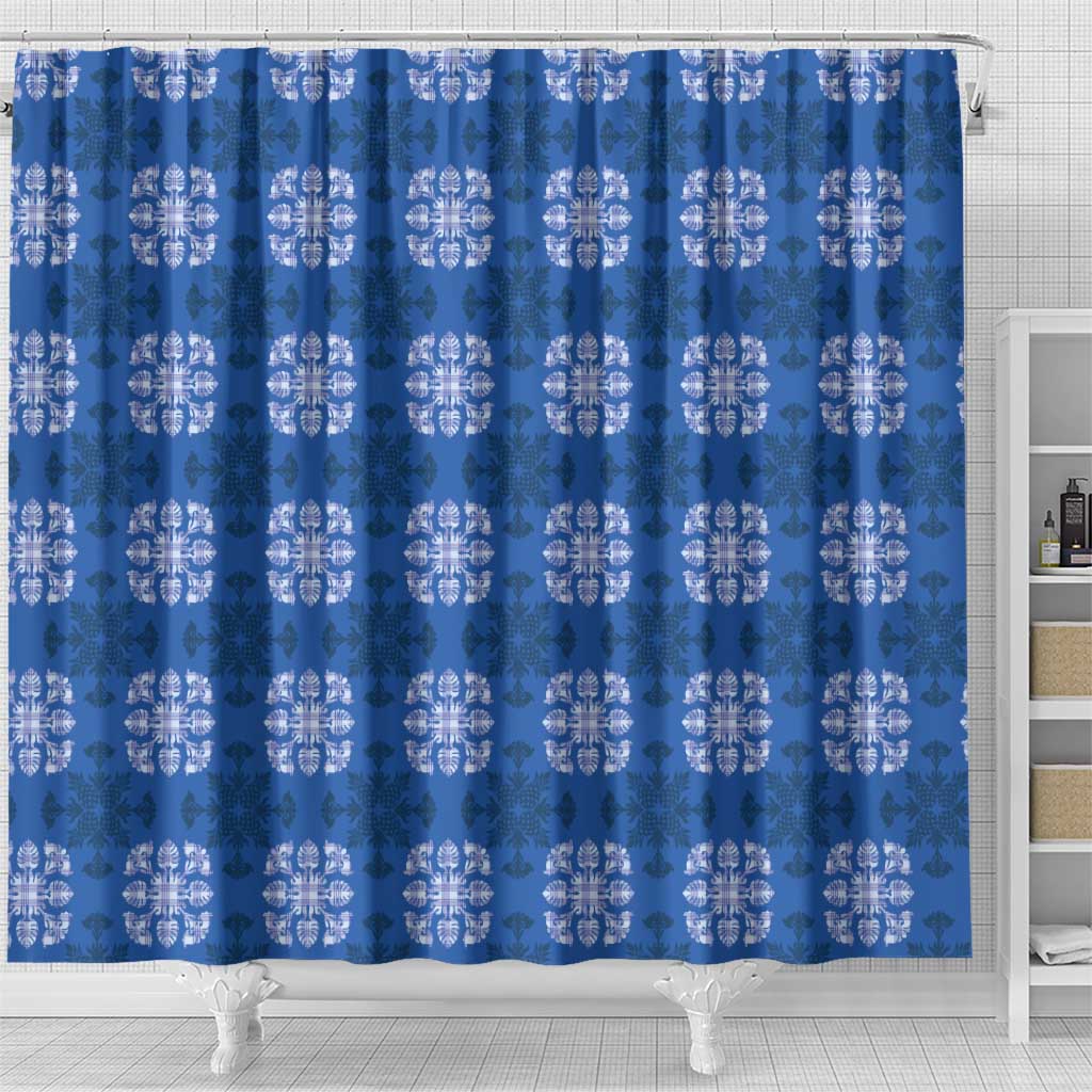 Royal Blue Hawaiian Quilt Shower Curtain Hawaii Pineapple Monstera Palaka Motifs LT14 - Polynesian Pride