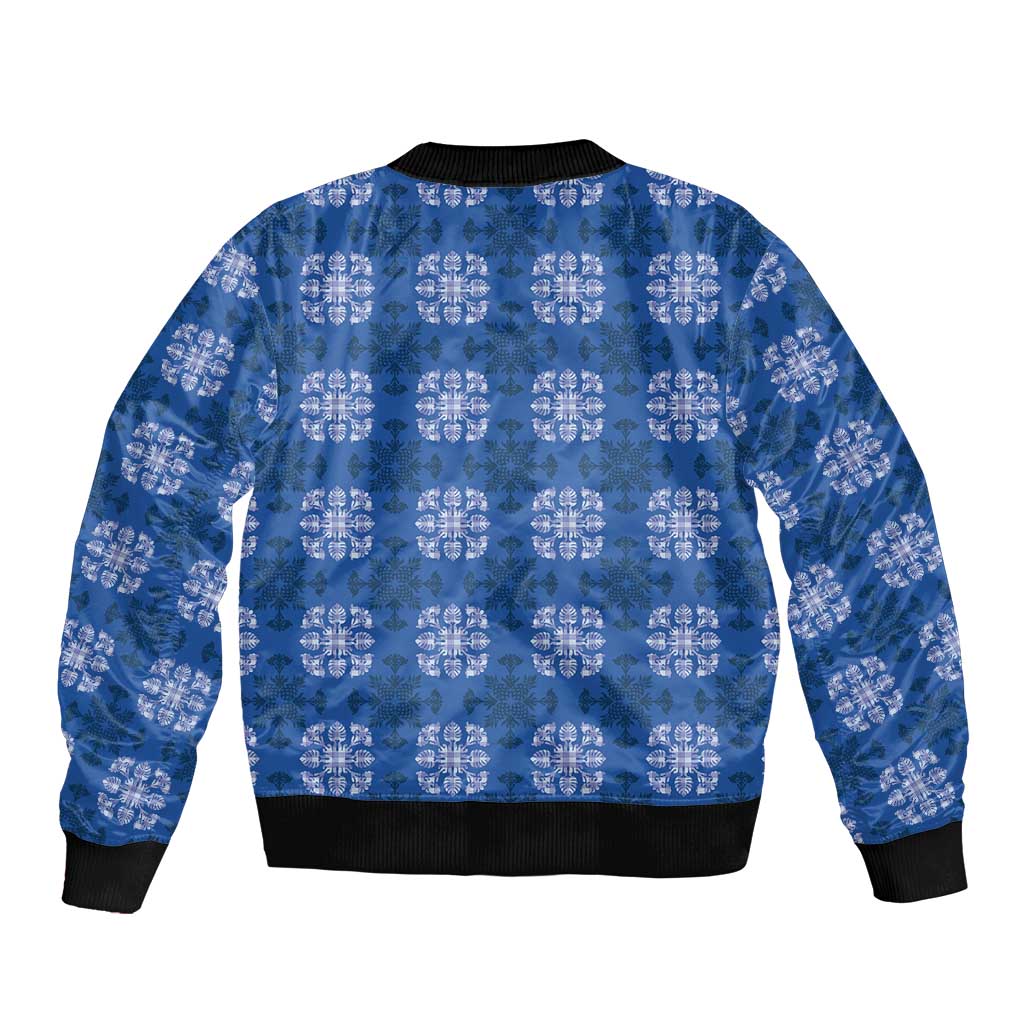 Royal Blue Hawaiian Quilt Sleeve Zip Bomber Jacket Hawaii Pineapple Monstera Palaka Motifs - Polynesian Pride