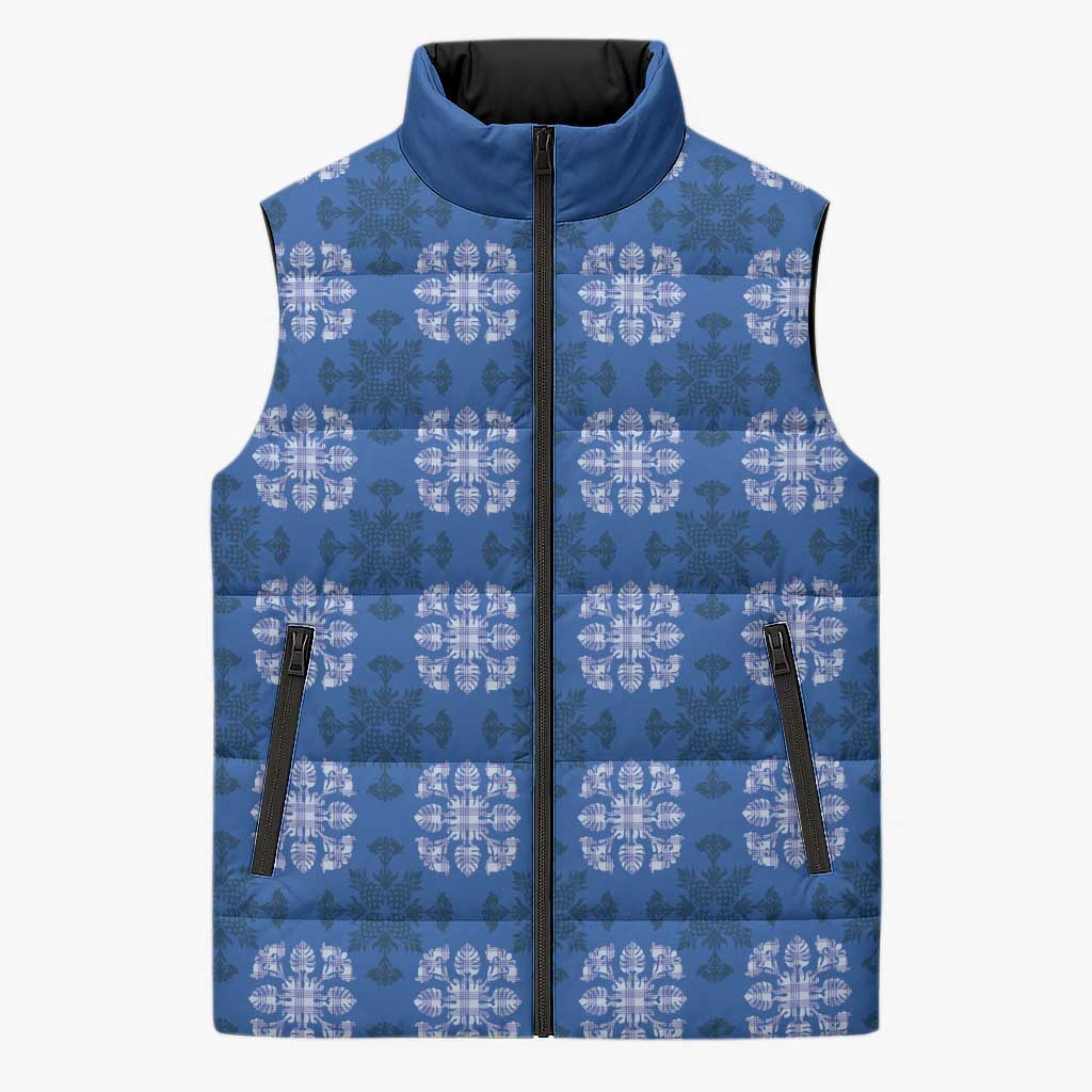 Royal Blue Hawaiian Quilt Sleeveless Puffer Jacket Hawaii Pineapple Monstera Palaka Motifs - Polynesian Pride