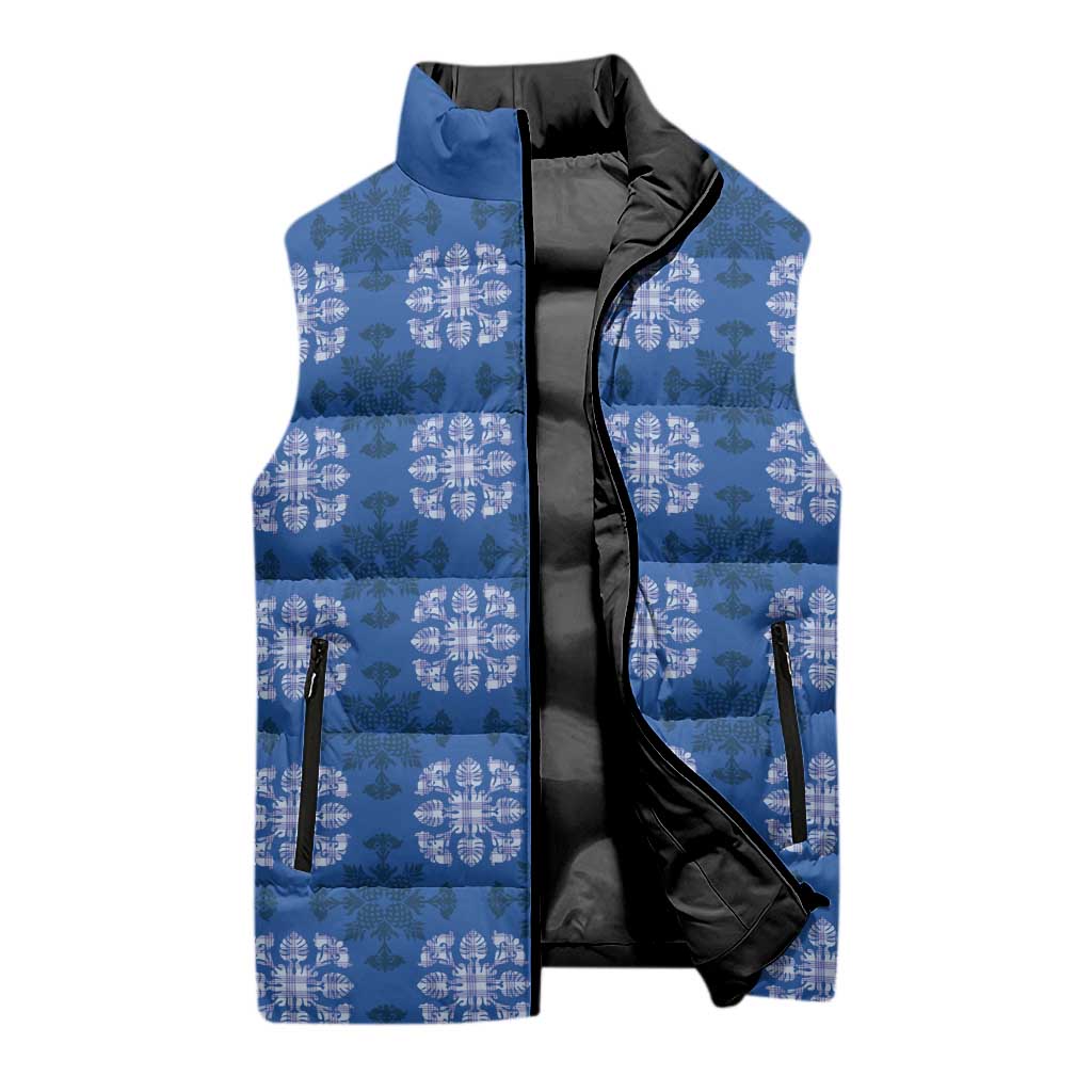 Royal Blue Hawaiian Quilt Sleeveless Puffer Jacket Hawaii Pineapple Monstera Palaka Motifs - Polynesian Pride
