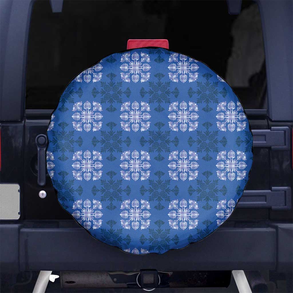 Royal Blue Hawaiian Quilt Spare Tire Cover Hawaii Pineapple Monstera Palaka Motifs - Polynesian Pride