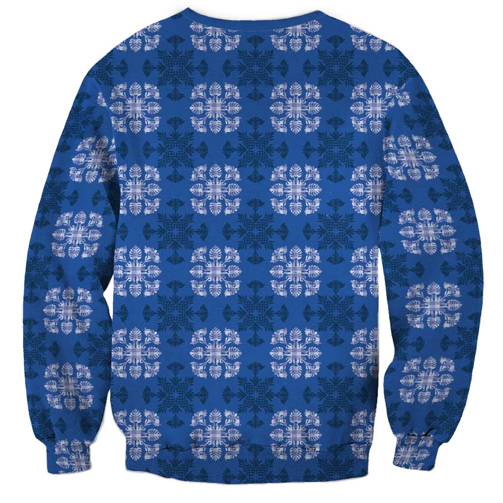 Royal Blue Hawaiian Quilt Sweatshirt Hawaii Pineapple Monstera Palaka Motifs - Polynesian Pride