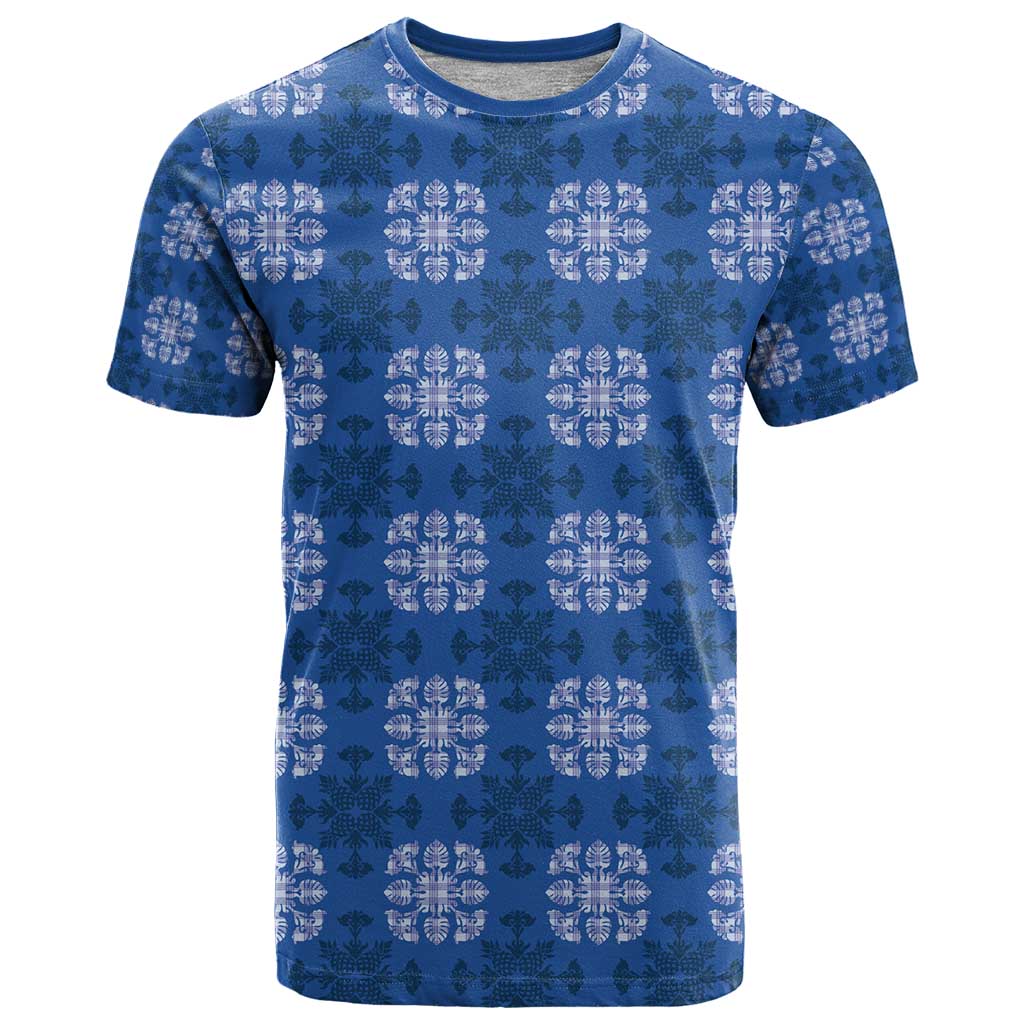Royal Blue Hawaiian Quilt T Shirt Hawaii Pineapple Monstera Palaka Motifs - Polynesian Pride