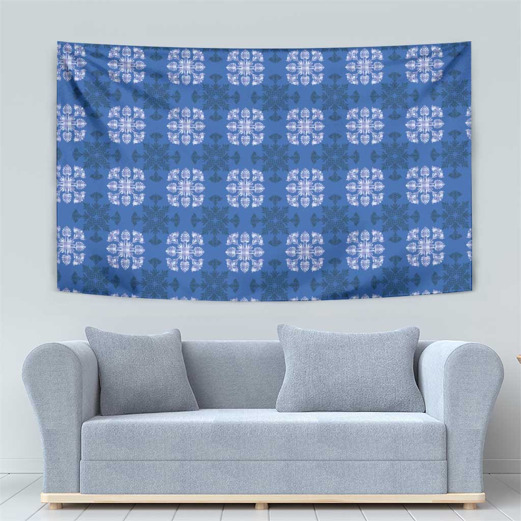 Royal Blue Hawaiian Quilt Tapestry Hawaii Pineapple Monstera Palaka Motifs LT14 - Polynesian Pride