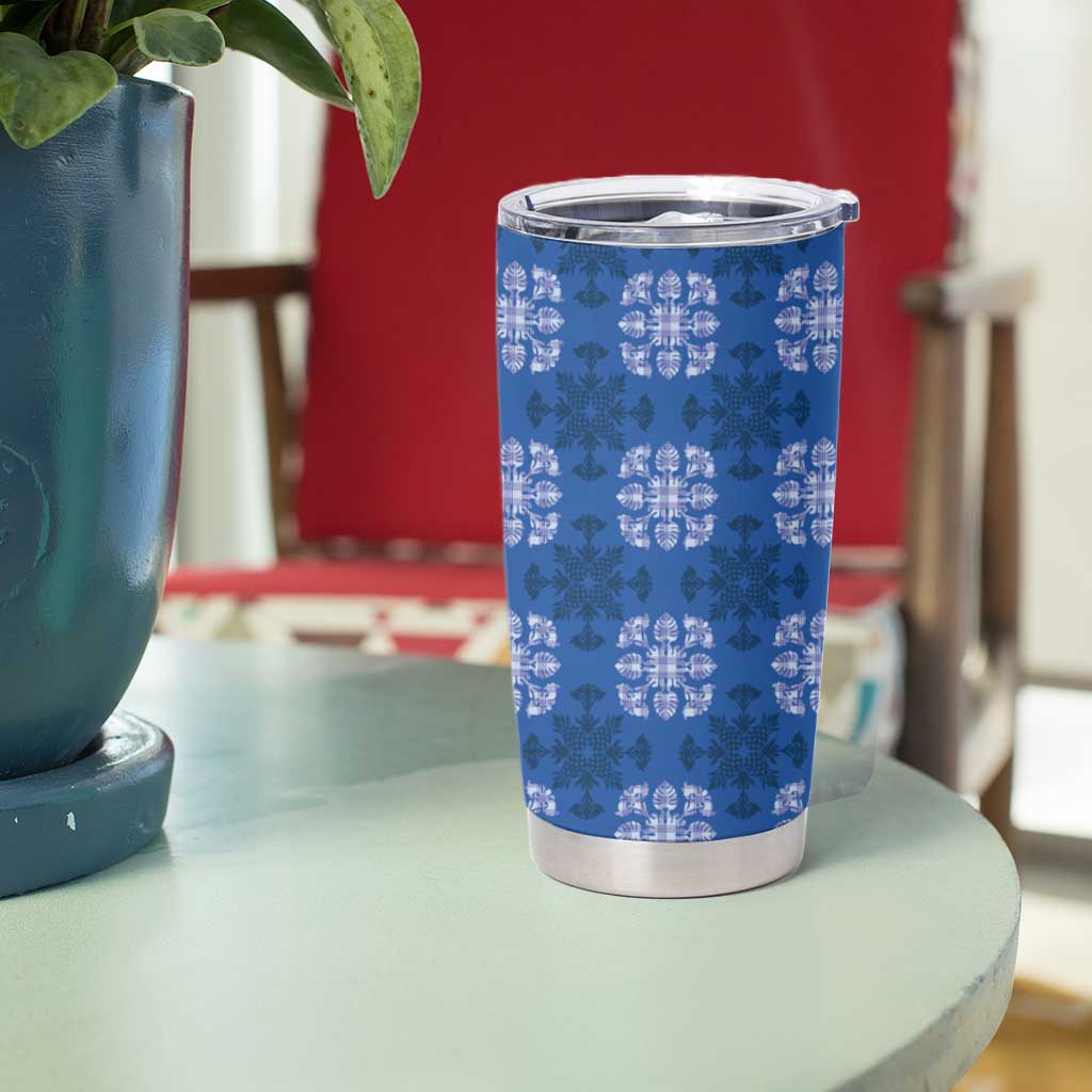 Royal Blue Hawaiian Quilt Tumbler Cup Hawaii Pineapple Monstera Palaka Motifs - Polynesian Pride