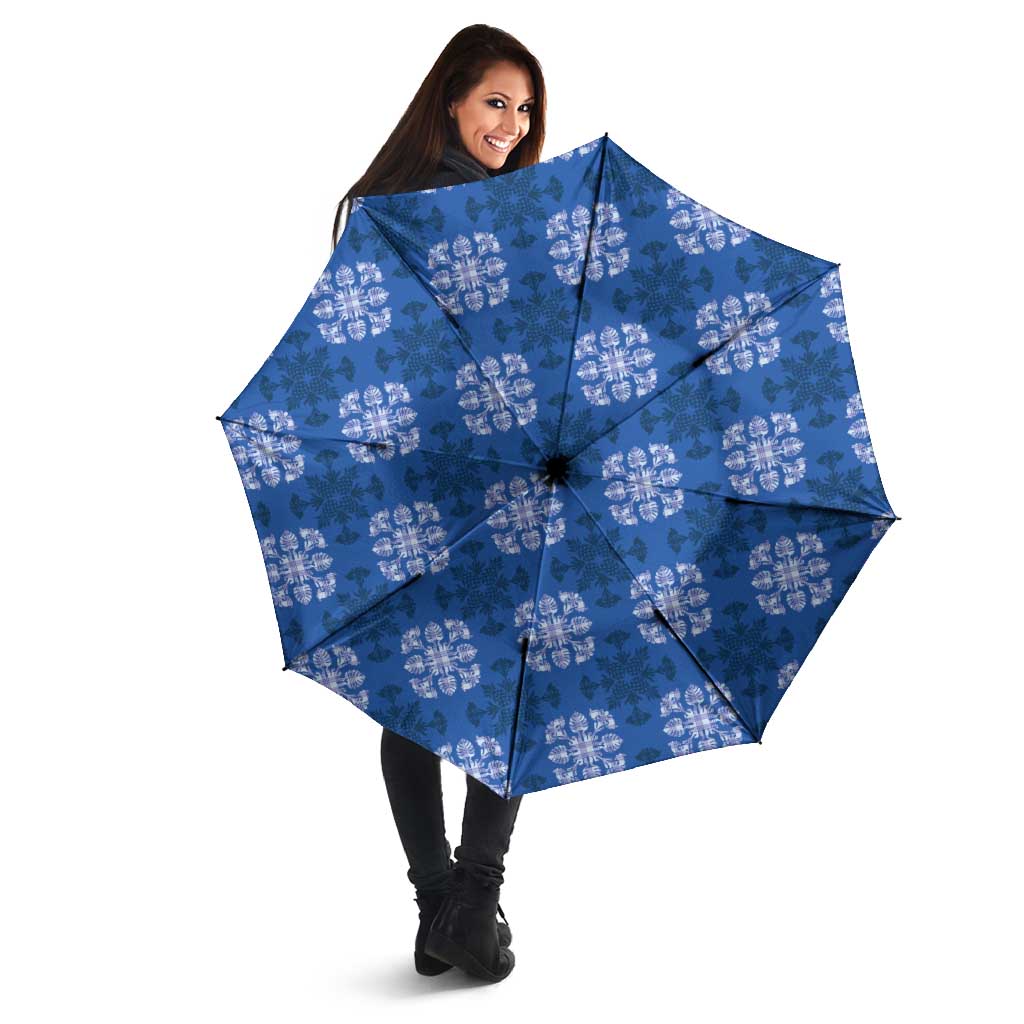 Royal Blue Hawaiian Quilt Umbrella Hawaii Pineapple Monstera Palaka Motifs - Polynesian Pride