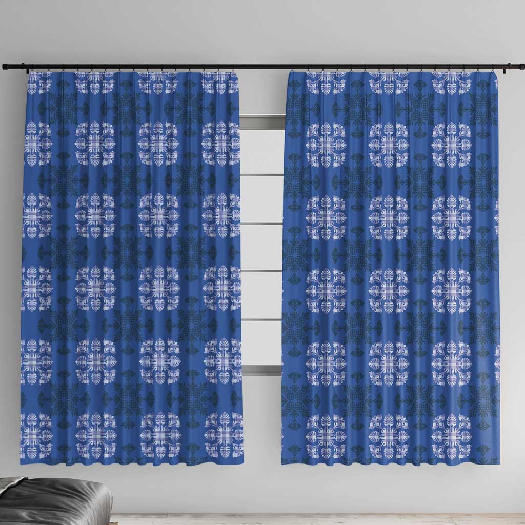 Royal Blue Hawaiian Quilt Window Curtain Hawaii Pineapple Monstera Palaka Motifs - Polynesian Pride
