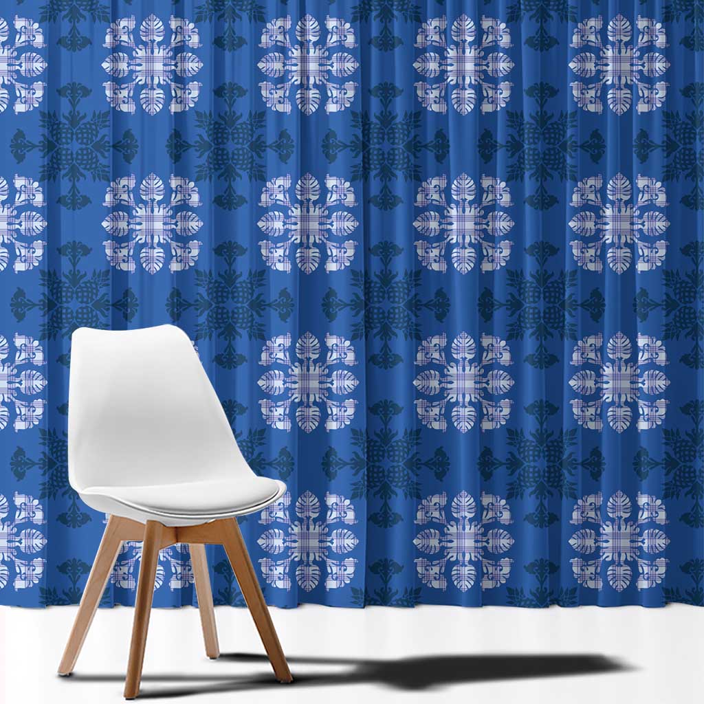 Royal Blue Hawaiian Quilt Window Curtain Hawaii Pineapple Monstera Palaka Motifs LT14 - Polynesian Pride