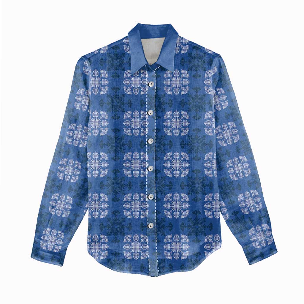 Royal Blue Hawaiian Quilt Women Casual Shirt Hawaii Pineapple Monstera Palaka Motifs - Polynesian Pride