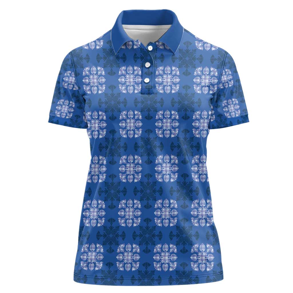 Royal Blue Hawaiian Quilt Women Polo Shirt Hawaii Pineapple Monstera Palaka Motifs - Polynesian Pride