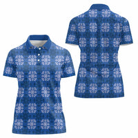 Royal Blue Hawaiian Quilt Women Polo Shirt Hawaii Pineapple Monstera Palaka Motifs - Polynesian Pride