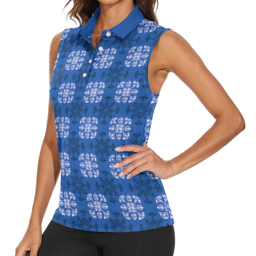 Royal Blue Hawaiian Quilt Women Sleeveless Polo Shirt Hawaii Pineapple Monstera Palaka Motifs - Polynesian Pride