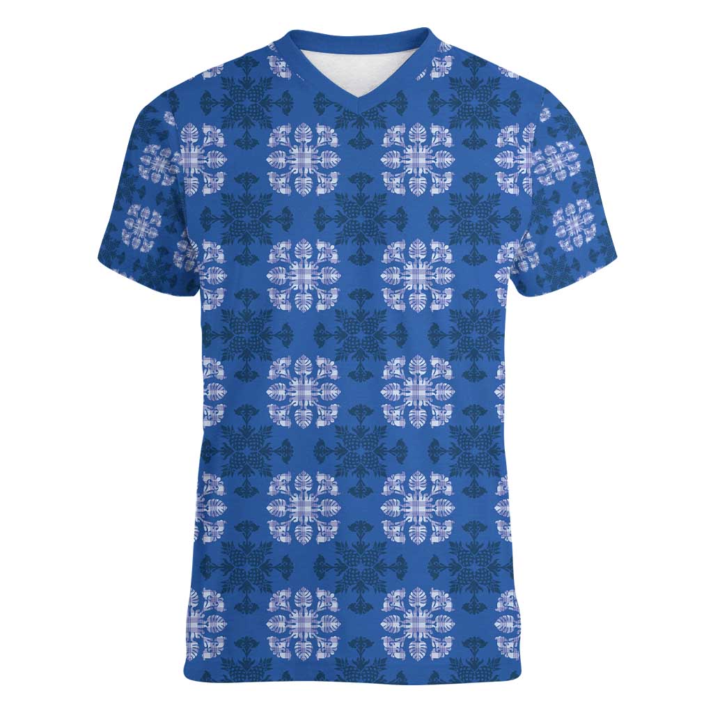Royal Blue Hawaiian Quilt Women V-Neck T-Shirt Hawaii Pineapple Monstera Palaka Motifs - Polynesian Pride