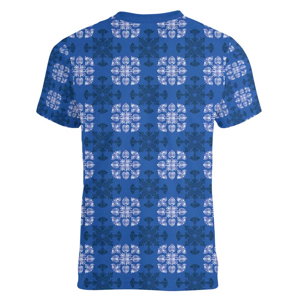 Royal Blue Hawaiian Quilt Women V-Neck T-Shirt Hawaii Pineapple Monstera Palaka Motifs - Polynesian Pride