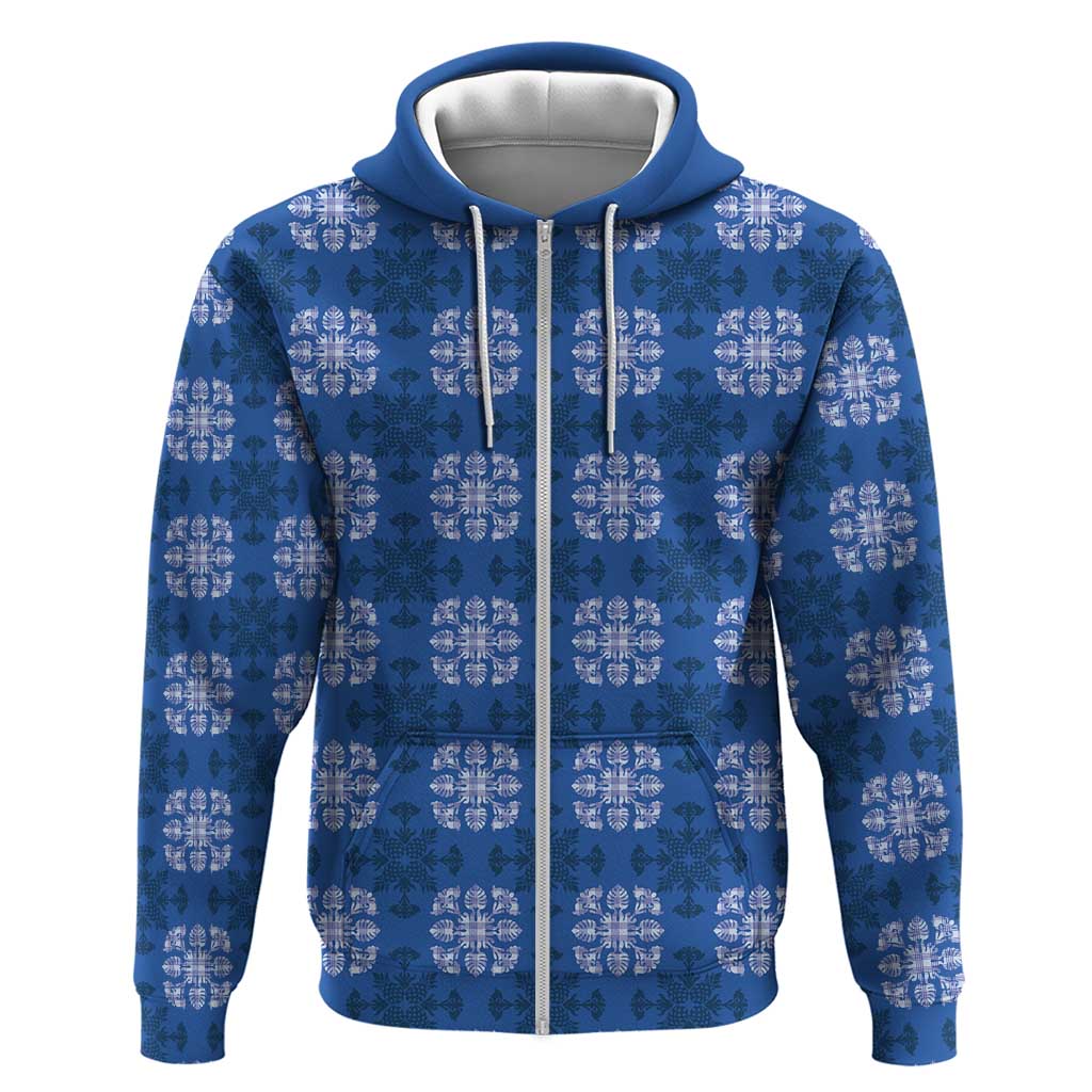 Royal Blue Hawaiian Quilt Zip Hoodie Hawaii Pineapple Monstera Palaka Motifs LT14 Zip Hoodie Royal Blue - Polynesian Pride