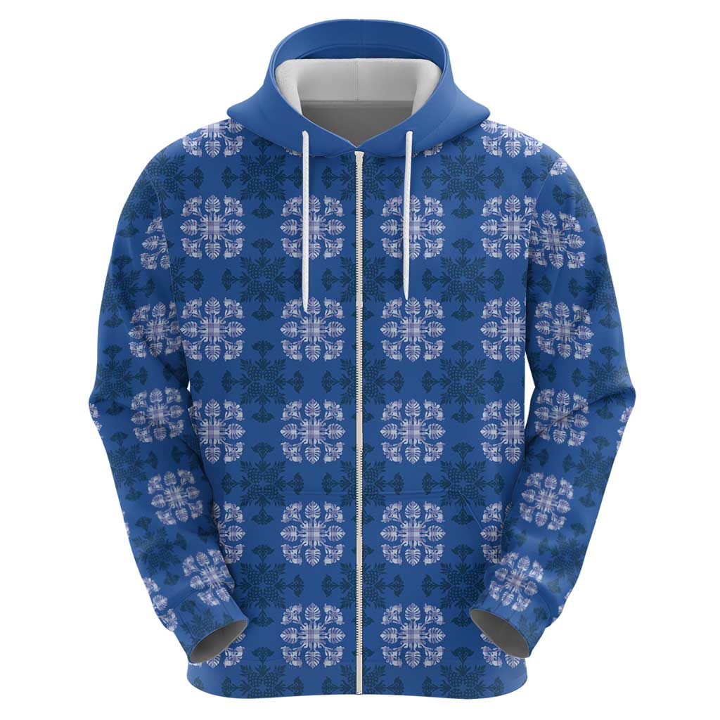 Royal Blue Hawaiian Quilt Zip Hoodie Hawaii Pineapple Monstera Palaka Motifs LT14 - Polynesian Pride