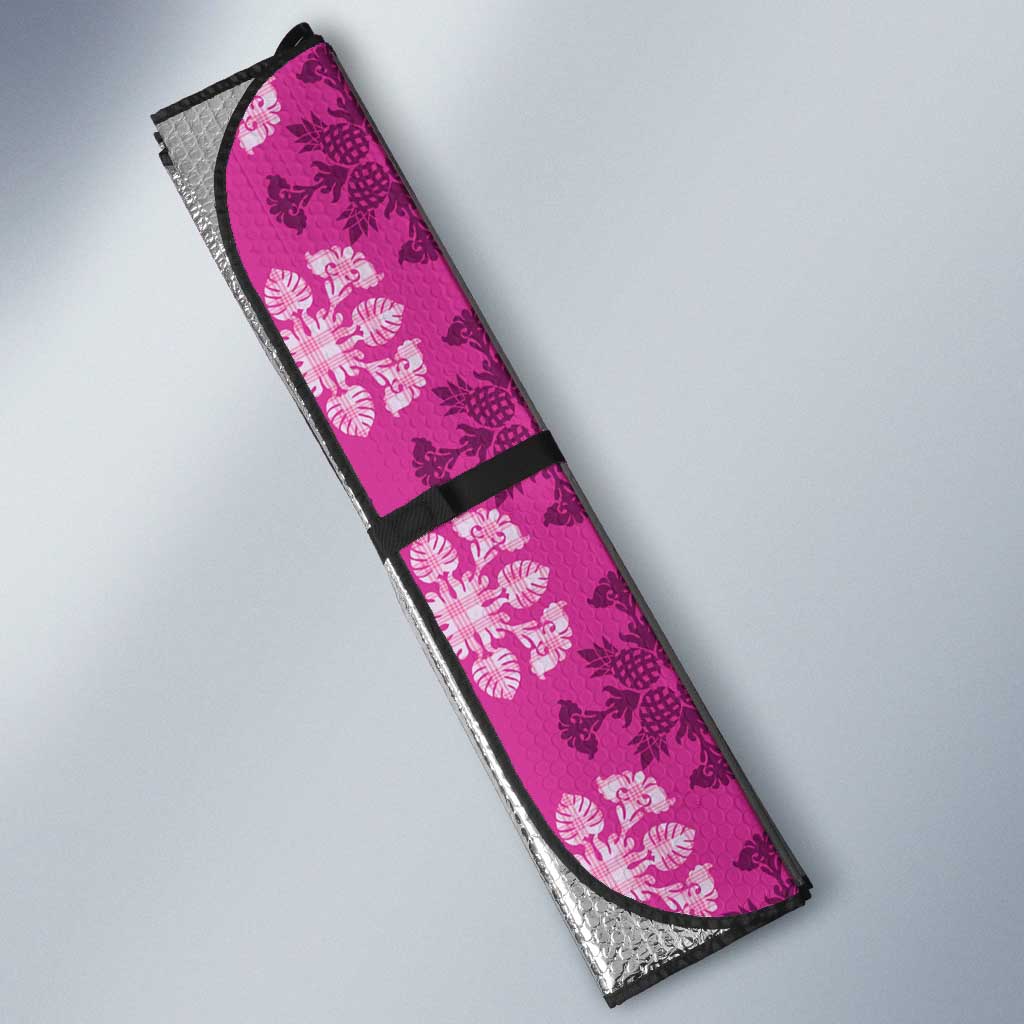 Pink Hawaiian Quilt Auto Sun Shade Hawaii Pineapple Monstera Palaka Motifs - Polynesian Pride