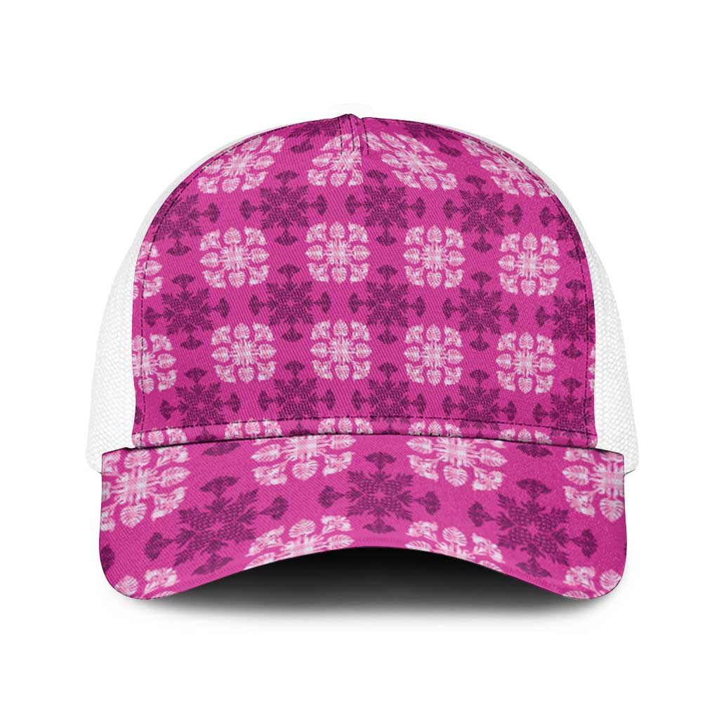 Pink Hawaiian Quilt Baseball Net Cap Hawaii Pineapple Monstera Palaka Motifs - Polynesian Pride