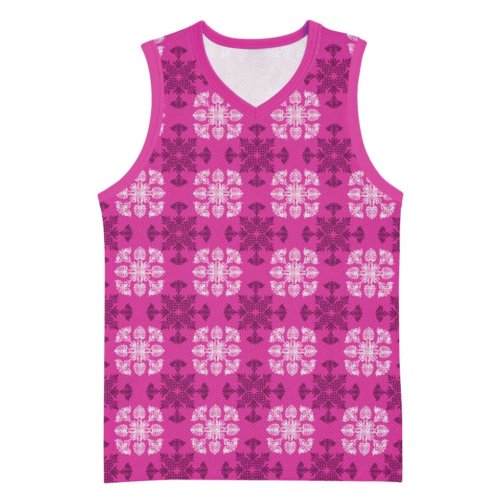 Pink Hawaiian Quilt Basketball Jersey Hawaii Pineapple Monstera Palaka Motifs LT14 Unisex Pink - Polynesian Pride