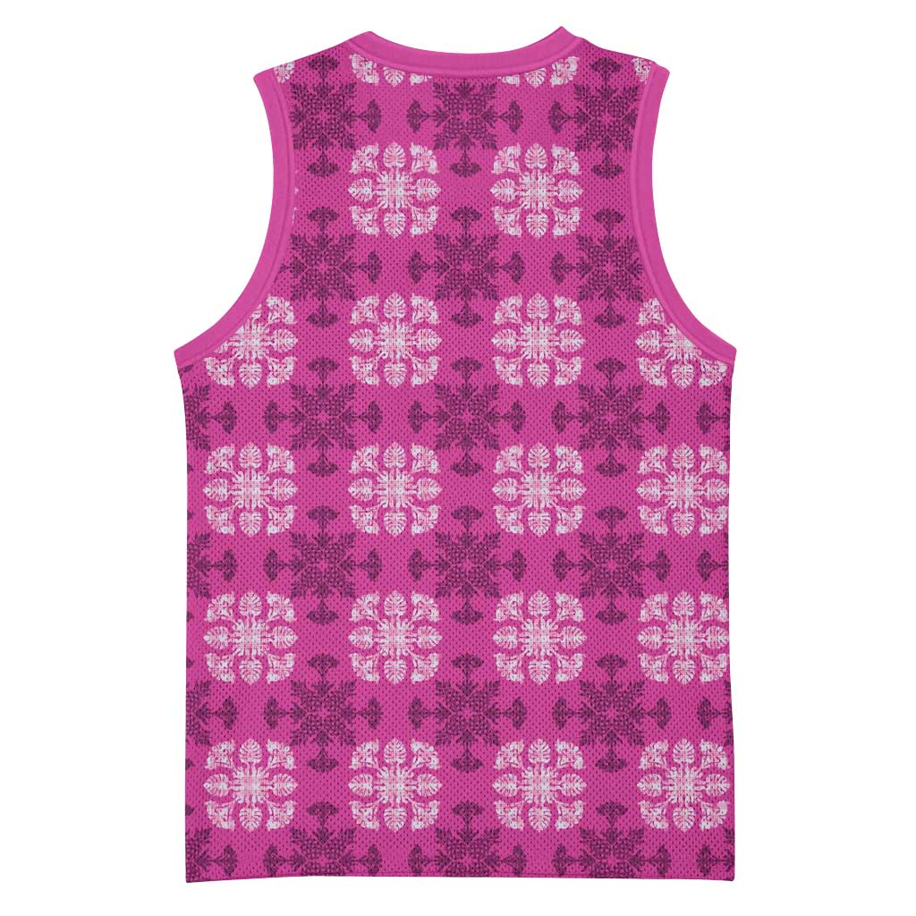 Pink Hawaiian Quilt Basketball Jersey Hawaii Pineapple Monstera Palaka Motifs LT14 - Polynesian Pride