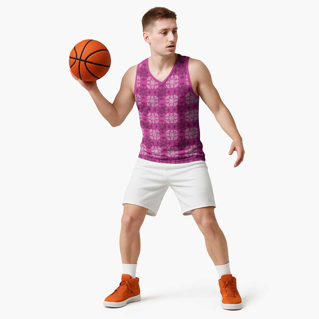 Pink Hawaiian Quilt Basketball Jersey Hawaii Pineapple Monstera Palaka Motifs LT14 - Polynesian Pride