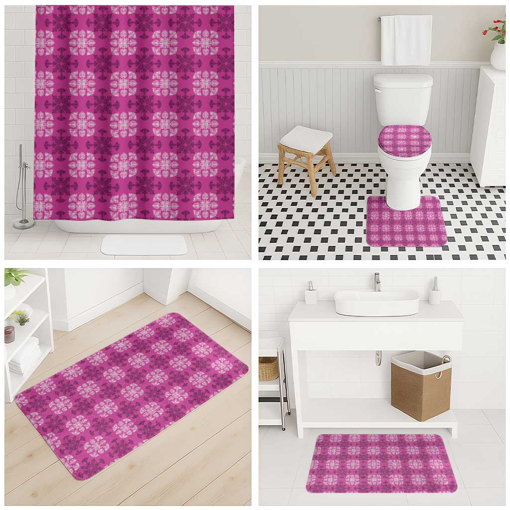 Pink Hawaiian Quilt Bathroom Set Hawaii Pineapple Monstera Palaka Motifs - Polynesian Pride